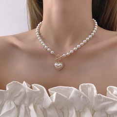 Nueva perla de imitación en forma de corazón dulce simple OT hebilla collar de aleación de clavícula
