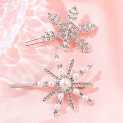 2 Piece Women's Silver Rhinestone Pearl Snowflake Hair Clip Set