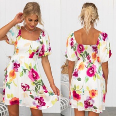 2022 summer new floral print square neck puff sleeves dress