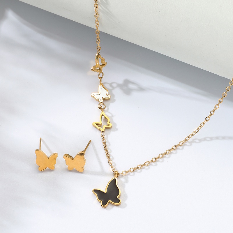 Mode Edelstahl Galvanik 18 Karat Gold klebrige Muschel Schmetterling Halskette Ohrringe Set