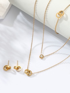 Simple Stainless Steel Electroplating 18K Gold Double Layer Necklace Earrings Bracelet Set