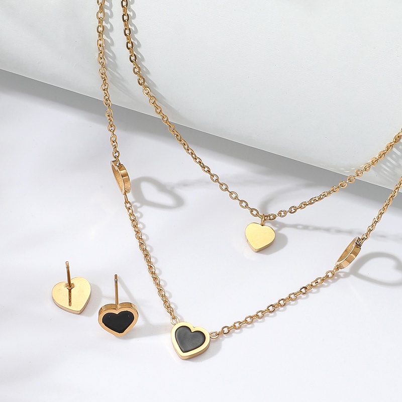 fashion stainless steel electroplating 18K gold heartshaped doublelayer necklace earrings set
