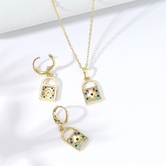 Stainless Steel Inlaid Colorful Zircon 18K Gold Lock Heart Necklace Earring Set