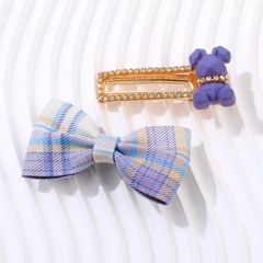 2-Piece Purple Plaid Bow Bear Women's Cute Hair Clip Set