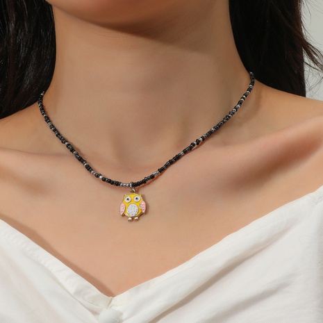 Black dark acrylic beaded owl pendant fashion necklace women's discount tags