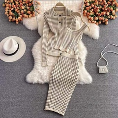 Slim Fit Knit Lapel Top Sleeveless Vest High Waist Striped Skirt Three Piece Set