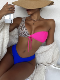 fashion contrast color leopard pringting one-shoulder lace-up high waist beach bikini