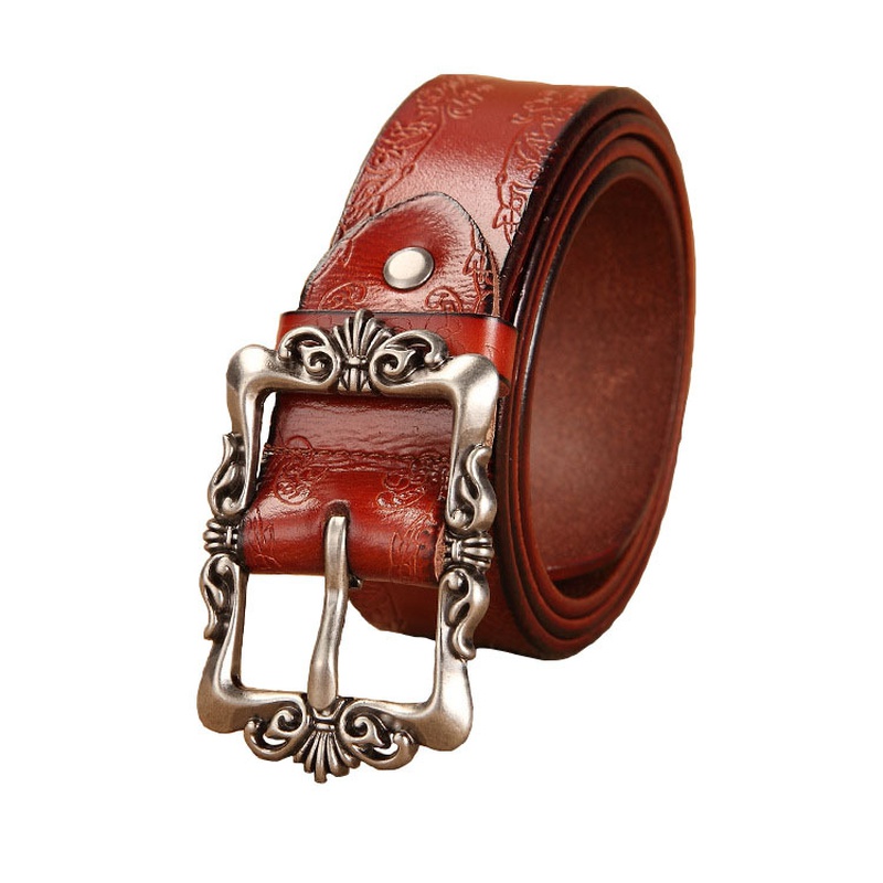 Twocolor womens retro cowhide new wide embossed pattern casual belt leather