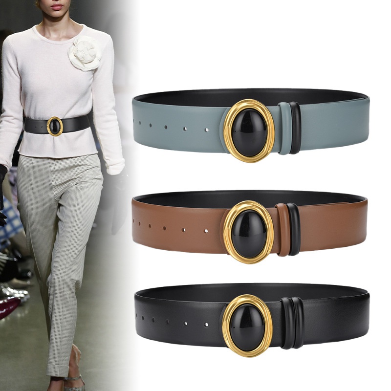 New doublesided girdle simple versatile gemstone inlaid leather belt