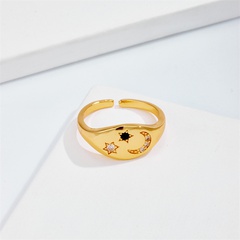 New seal star moon copper plated 14K gold inlaid zircon open ring