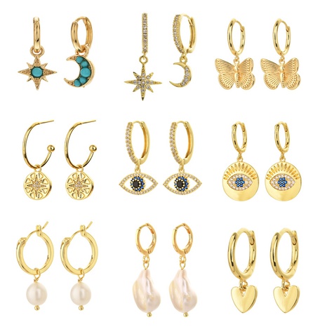 fashion heart devil eye plated 14K real gold zircon pearl copper earrings NHYIN660244's discount tags
