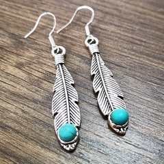 New retro turquoise feather plated s925 silver alloy long earrings