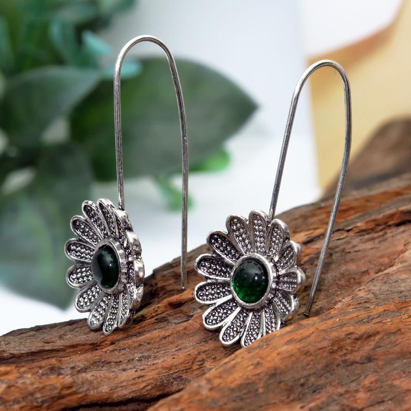 fashion ancient silver lotus emerald retro flower ear jewelry
