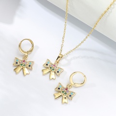 fashion stainless steel colorful zircon electroplating 18K gold heart-shaped bow necklace earrings set