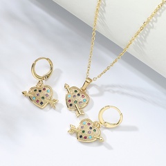 Fashion Stainless Steel Inlaid Colorful Zircon Electroplating 18K Gold Heart Necklace Earrings Set