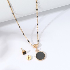 Fashion Stainless Steel 18K Gold Plated Black Enamel Round Necklace Earrings Set