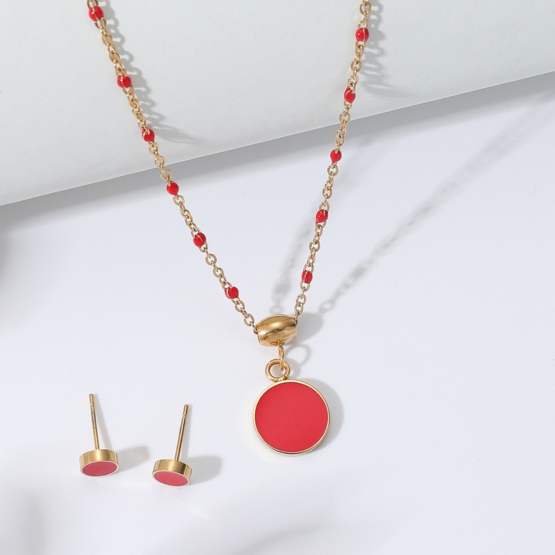 Simple Stainless Steel 18K Gold Plated Red Enamel Round Necklace Earrings Set