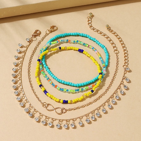 Korean ethnic style beads rhinestone tassel pendent anklet set's discount tags