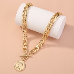 fashion thick chain exaggerated round portrait tag T-buckle alloy necklace