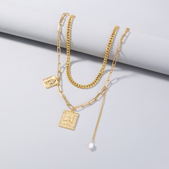 fashion natural beads square portrait pendent multi-layer alloy necklace