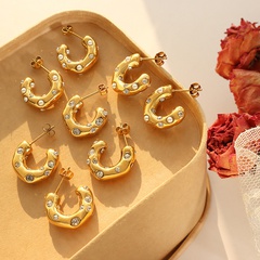 imitation pearl zircon minimalist C-type spring female earrings titanium steel