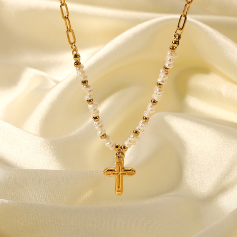 18K gold cross pendant natural freshwater pearl beads stitching stainless steel necklace's discount tags