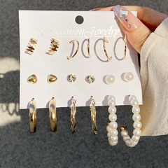 fashion metal twist letter C earrings 9-piece set of creative retro pearl earrings