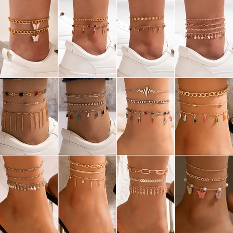 Fashion multi-layer star butterfly word tassel alloy anklet multi-piece set's discount tags