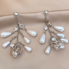 fashion rhinestone pearl water drop tassel alloy ear clips 