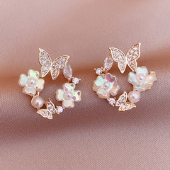 fashion retro pearl rhinestone flower butterfly alloy stud earrings