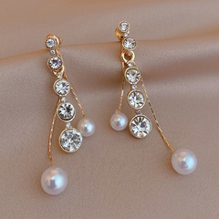 fashion retro rhinestone pearl tassel long alloy drop earrings
