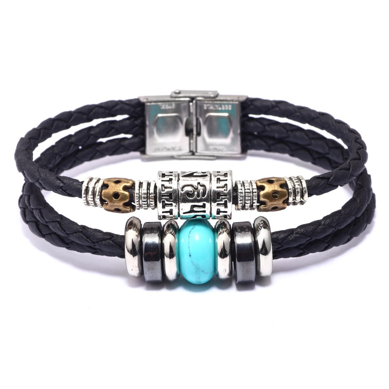 fashion turquoise leather stainless steel tiger eye stone malachite beaded bracelet