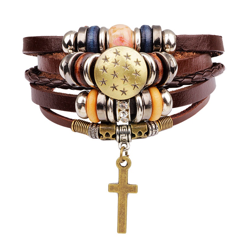 Jesus Cross Braided Leather Beaded Alloy Multiple Bracelet Jewelry