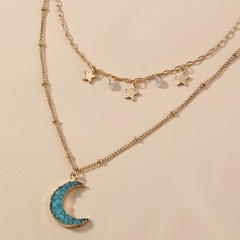 Doppellagige Modeschmuck-Halskette mit einfachem blauen Mond und kleinem Stern aus Legierung