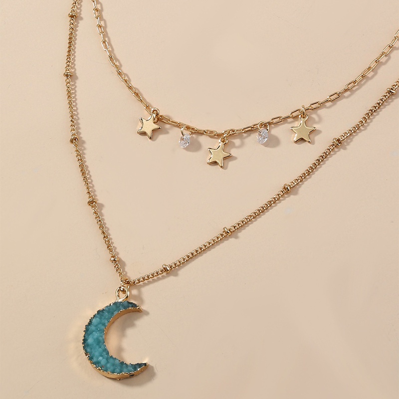 Doublelayer fashion jewelry simple blue moon little star alloy necklace