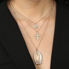 Mehrschichtige Halskette aus Legierung mit Retro-Porträt-Schlüsselbeinkette und Kreuzscheibe