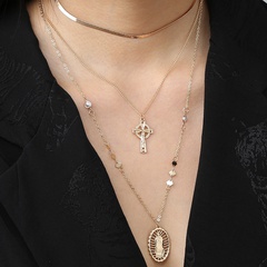 retro religious beliefs cross saintess round card pendant multi-layer alloy necklace
