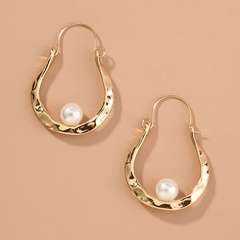 vintage geometric irregular shape inlaid pearl alloy hoop earrings wholesale