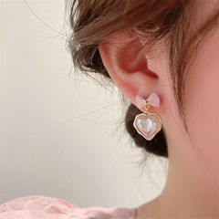 Korean Cherry Blossom Powder Bow Pearl Heart Earrings 