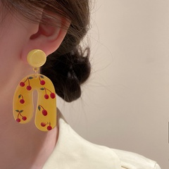 Spring cute graffiti small flower acrylic small cherry U-shaped earrings
