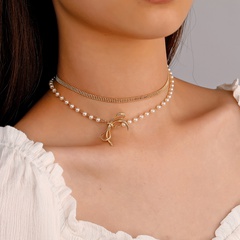 double butterfly pearl stacking copper collarbone chain