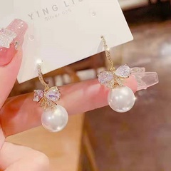 Korean fashion alloy micro-set zircon peach heart bow pearl earrings female