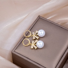 fashion diamond bow pearl simple alloy drop earrings