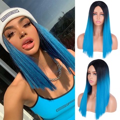 women's wigs long straight hair black and blue gradient color chemical fiber headgear 18inches