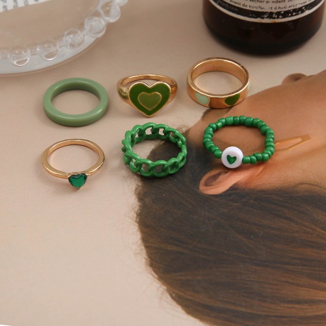 fashion resin green drip oil heart-shaped alloy ring set's discount tags