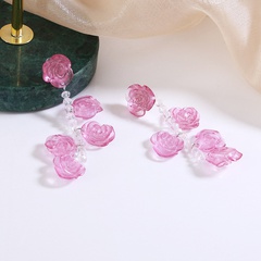 Summer Flower Pink Rose Stud Earrings Korean Long Plastic Earrings 