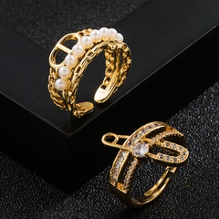 bague de perles géométriques en zircon plaqué or et cuivre à la mode