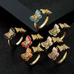 fashion copper gold-plated micro-set zircon drip oil butterfly ring  