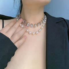 Fashion Retro Pearl Rhinestone Double Layered Alloy Necklace 