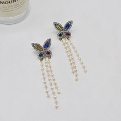 fashion diamond butterfly long tassel pearl alloy drop earrings